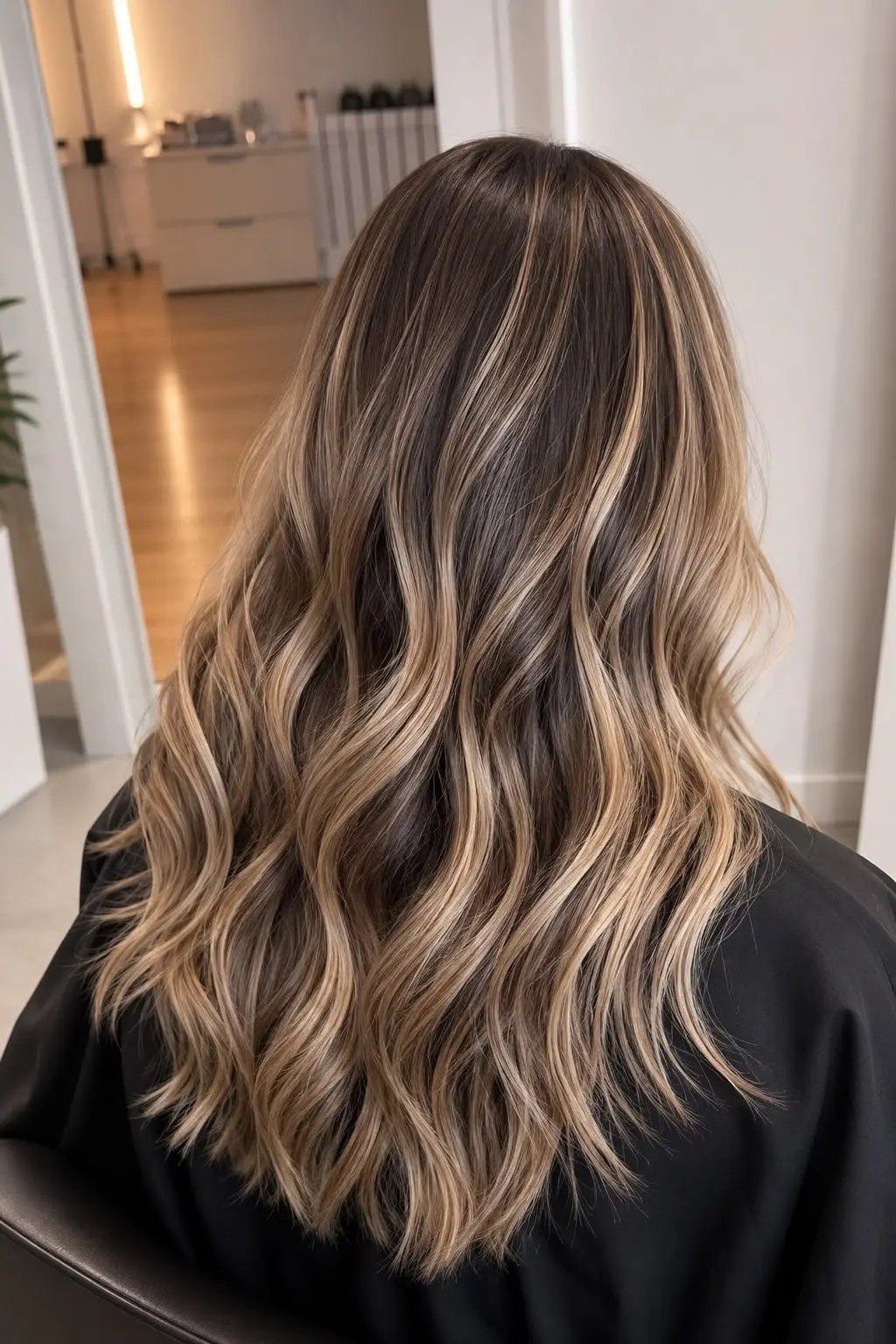 Balayage castaño con reflejos miel y ondas suaves